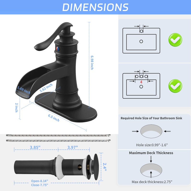 BWE Matte Black Bathroom Faucet, Waterfall Bathroom Faucet Sink Lavatory Single Hole Faucets One Handle Bath Antique with Brass Pop Up Drain Stopper Mixer Tap Overflow Water Supply Line - Image 5